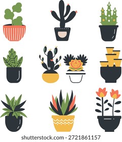 Set of different potted plants, cactuses, and succulents. Illustrated botanical collection for home decor and nature themes.