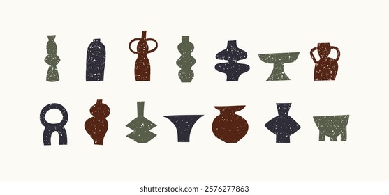 Set of different pottery vases and ceramic shapes. Silhouette Icons with grunge texture. Vector illustration.