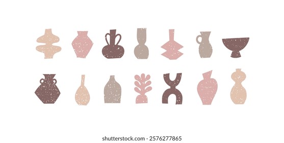 Set of different pottery vases and ceramic shapes. Silhouette Icons with grunge texture. Vector illustration.