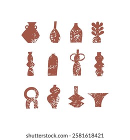 Set of different pottery vases and ceramic shapes. Silhouette Icons with grunge texture. Vector illustration.