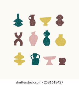 Set of different pottery vases and ceramic shapes. Silhouette Icons with grunge texture. Vector illustration.