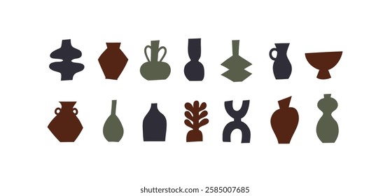 Set of different pottery vases and ceramic shapes. Silhouette Icons. Vector illustration.