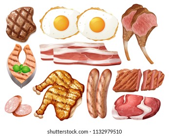 Set of different poultry and meats illustration