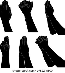 Set of different praying hands silhouettes isolated on white