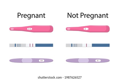 Conjunto de diferentes pruebas de embarazo, con una y dos franjas positivas, negativas. Concepto reproductivo femenino aislado sobre fondo blanco.
Ilustración vectorial. 