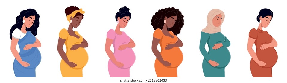 Set of different pregnant women. African American, Muslim, Indian, African, Chinese, Asian. Young beautiful multiethnic pregnant women of different nationalities. Diversity, multi-ethnic society.