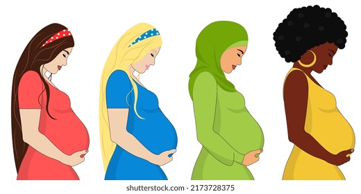 Set of different pregnant women, dress, hijab. African american, arab woman, caucasian. Young beautiful multi-ethnic mothers of different nationalities. Diversity, multiethnic society.