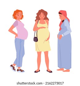 Set of different pregnant women. Motherhood period, prenatal care, pregnancy and maternity, woman life, parenting and family creating, expecting a baby vector illustration