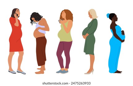 Set of different Pregnant women standing side view. Mother expecting baby. Future moms. Pregnancy, motherhood concept. Female bearing kid. Flat vector illustration isolated on white background.