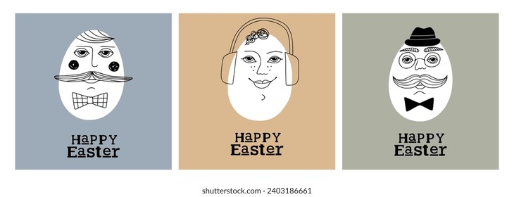 Set of different premade cards with hand drawn Easter eggs. Easter card with hipster egg   gentlemen. For textile, banner, decoration, invitation print. Holyday, celebrate concept. Vector illustration