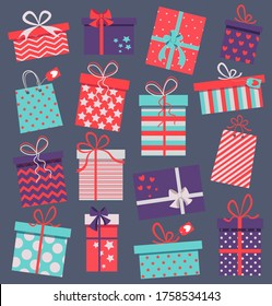 set of different presents for holiday on dark background