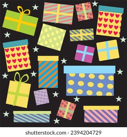 set of different presents for holiday on black background isolated
