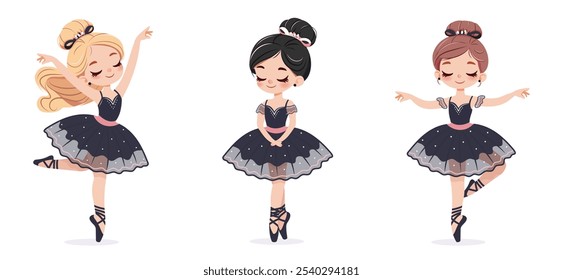 Conjunto de diferentes bailarinas bonitas en vestido negro y rosa bailando sobre fondo blanco. Póster, Anuncio, Flyer, Tarjeta de felicitación. Ilustración vectorial en estilo plano de dibujos animados