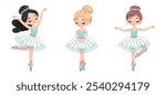 Set of different pretty ballerina in white and blue dress dancing on white background. Poster, Banner, Flyer, Greeting Card. Vector illustration in flat cartoon style