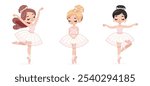 Set of different pretty ballerina in white and pink dress dancing on white background. Poster, Banner, Flyer, Greeting Card. Vector illustration in flat cartoon style