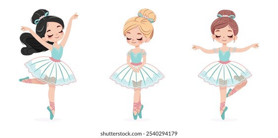 Conjunto de diferentes bailarinas bonitas en vestido blanco y azul bailando sobre fondo blanco. Póster, Anuncio, Flyer, Tarjeta de felicitación. Ilustración vectorial en estilo plano de dibujos animados