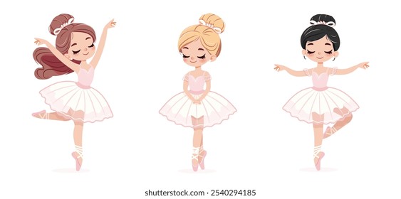 Conjunto de diferentes bailarinas bonitas en vestido blanco y rosa bailando sobre fondo blanco. Póster, Anuncio, Flyer, Tarjeta de felicitación. Ilustración vectorial en estilo plano de dibujos animados