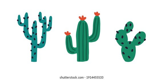 Set of different prickly desert plants or cacti with thorns. Hand-drawn tropical cactuses with spines and flowers. Colored flat cartoon vector illustration isolated on white background