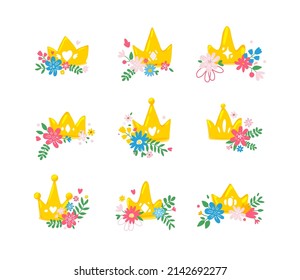 Set of different princess gold crowns with flowers.Cute crown elements in cartoon style for girl birthday party.Isolated on white background,vector illustration