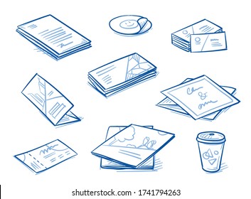 Set with different printed materials as leaflet, broschure, invitation and busness cards, sticker, and other stationary.  Hand drawn line art cartoon vector illustration.