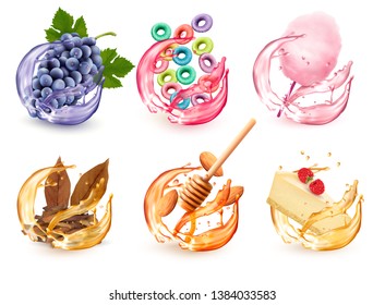 Set of different products flavors in juice splash. Grapes,  fruit-flavored cereal, cotton candy, honey and almond, cheescake with respberry, tobacco. Vector icons.