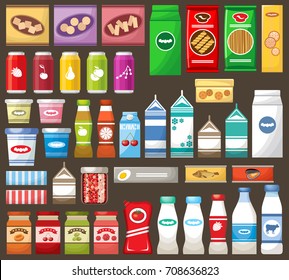 Set of different products on the dark background. Vector