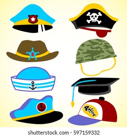 Set of different profession cap, vector cartoon illustration
