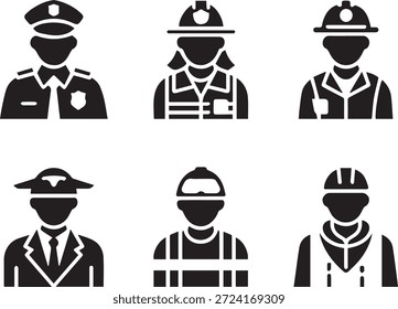 Conjunto de diferentes iconos de profesión en estilo de silueta, aislado sobre un fondo blanco, perfecto para carreras, trabajos, trabajo, empleo y proyectos de diseño de temática profesional.