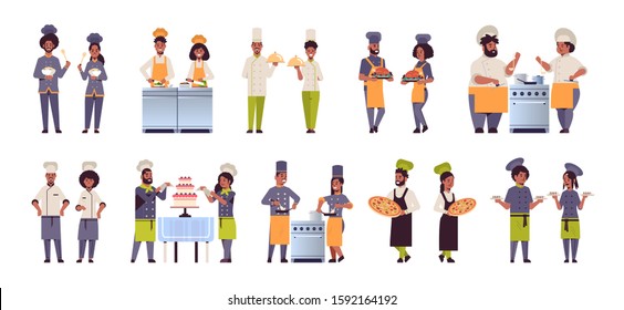 set different professional chefs couples standing together african american men women restaurant kitchen workers in uniform cooking food concepts collection flat full length horizontal vector