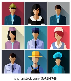 Set of different professions in avatar flat design.