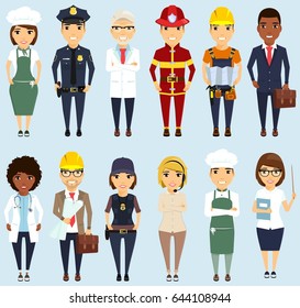 Set of different professions. Boys and girls. Different ethnically. Professionals. Doctor, teacher, policeman, engineer, Builder, chef, fireman, businessman.