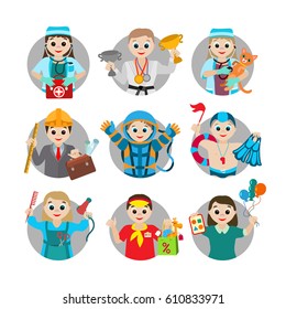 Set of different professions. Cartoon characters in circles. Vector images for your business and design. For postcards, board games and clothing