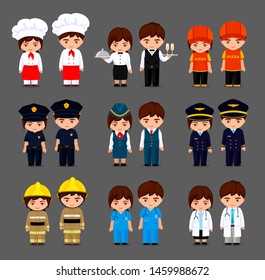 Set of different professions in cartoon style. Cute little girls and boys in various uniform: policeman, stewardess, pilot, chef, waiter, doctor, nurse, deliveryman, fireman. Vector illustration. 