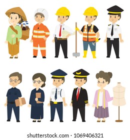 Set of different professions characters cartoon vector in flat style :  herbal medicine seller, firefighter, architect, builder, train driver, teacher, security guard, pilot, tailor