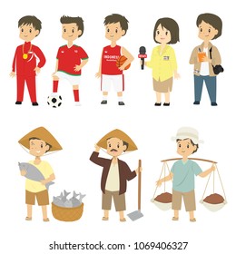 Set of different professions characters cartoon vector in flat style :  athlete, football player, basketball player, reporter, journalist, fisherman, farmer, construction laborer