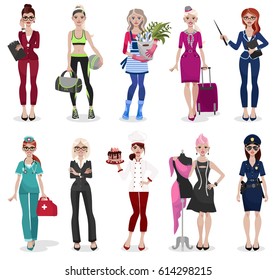 Set of different professions: doctor, teacher, fashion designer, florist, police officer, businesswoman, chef, stewardess, fitness trainer, secretary. Vector illustration isolated on white background.