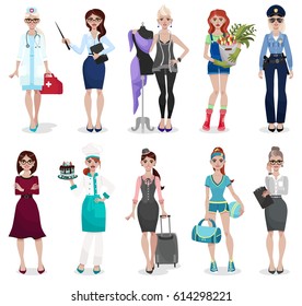 Set of different professions: doctor, teacher, fashion designer, florist, police officer, businesswoman, chef, stewardess, fitness trainer, secretary. Vector illustration isolated on white background.