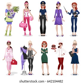 Set of different professions: doctor, teacher, fashion designer, florist, police officer, businesswoman, chef, stewardess, fitness trainer, secretary. Vector illustration isolated on white background.