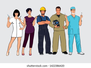 A set of different professions. Figures of man and woman stand together. Vector drawn graphics