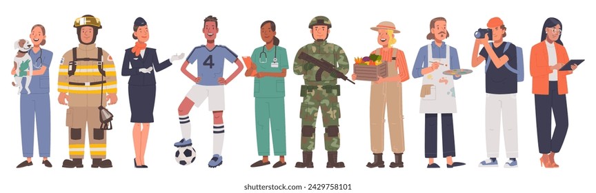 Eine Reihe verschiedener Berufe. Männer und Frauen in Uniform in voller Länge auf weißem Hintergrund. Tierarzt, Feuerwehrmann, Krankenschwester, Soldat, Künstler. Vektor-Illustration im flachen Stil