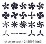 A set of different propellers. Aircraft propellers, air coolers, Ship propellers. Control of directed air flow. Vector illustration