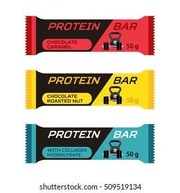 Set of different protein bars, sport collagen supplement. Flat style.