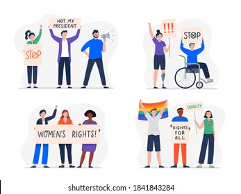 A set of different protest people with banners. Protest against political candidates, president. People advocate for the rights of LGBT, women, persons with disabilities. Vector flat illustration. 
