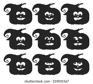 Set of different pumpkin faces on white background.
Halloween background with pumpkin heads for your designs.