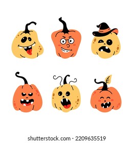 Set of different pumpkin on white background. The main symbol of the Happy Halloween holiday. Orange pumpkin with fearful cartoon face for your design for the holiday Halloween. Vector illustration.