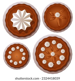 A set of different pumpkin pies on plates. Vector illustration with gradients of drain baking with cream. Pumpkin pies for Thanksgiving cards. Printing on paper and textiles