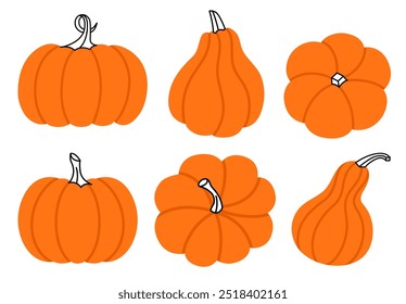 Set of different pumpkin shapes, perfect for autumn and Halloween-themed designs. Seasonal icons symbolize harvest, fall festivities, and spirit of Thanksgiving and Halloween celebrations.