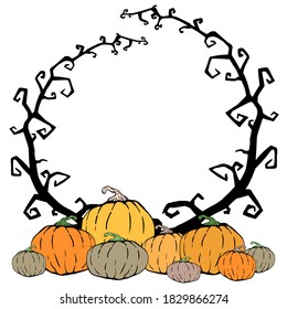 Set of different pumpkins and a frame of branches with thorns. Autumn harvest. Illustration for Halloween.