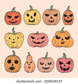 Set of different pumpkins for Halloween. Jack o' lanterns for Halloween.
