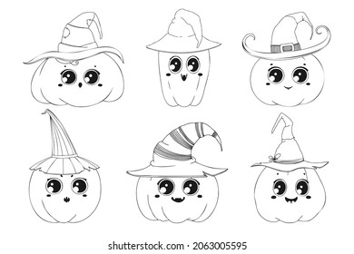 Set of different pumpkins for halloween in witch's hats. Halloween pumpkin. Vector illustration in sketch style.
